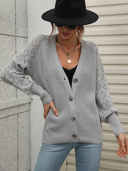 Long Sleeves Loose Color V-neck Cardigan Tops