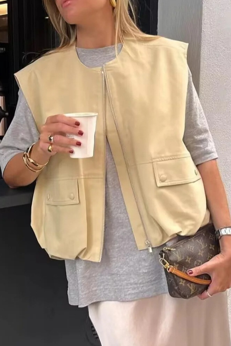 Street Color Pocket Zipper O Neck Waistcoats