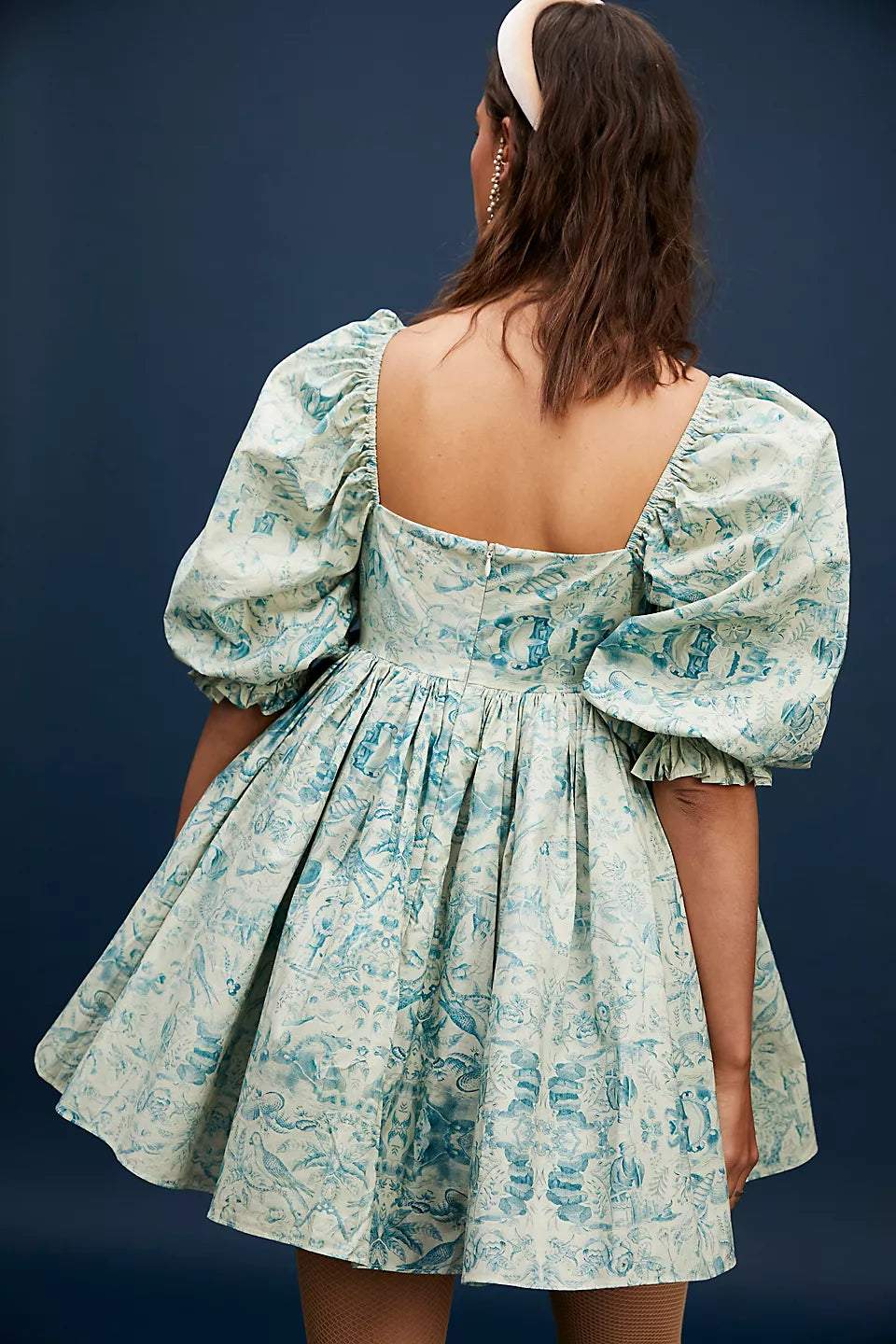 Puff Sleeve Square Collar Ruffle Hem Print Mini Dress