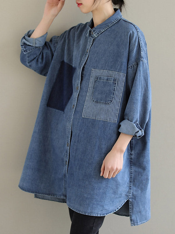 High-low Long Sleeves Asymmetric Buttoned Pockets Split-joint Lapel Blouses&shirts Tops