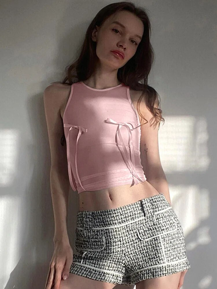 Pink Top Bow Crop Top Female Sleeveless Vests Y2k Fairy Grunge Summer Color Tube Top Baby Tees ’s Clothing