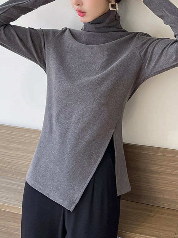 Skinny Long Sleeves Split-side Color High-neck T-shirts Tops
