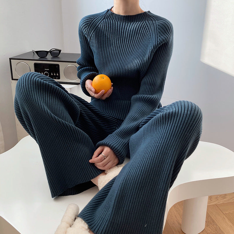 Autumn Winter Fashionable Side Slit Sweater Suit Thickened Knitting Wide Leg Pants Set Female