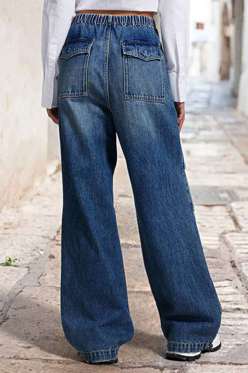 Distressed Draw String Ruched Mid Waist Loose Denim Jeans