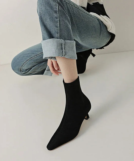 Black Suede Stiletto Boots Pointed Toe Zippered