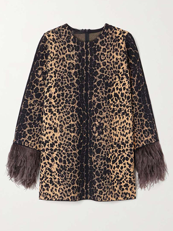 Long Sleeves Feathers Leopard Round-neck Pants Pants Set T-shirts Tops Two-piece Sets