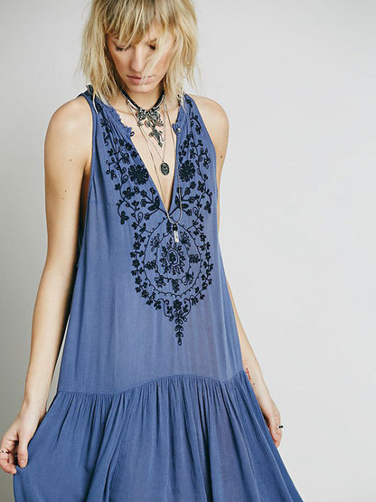 Dress Sleeveless V-neck Embroidered Gypsy Beach Vacation Teal Summer Long Tank Dress for