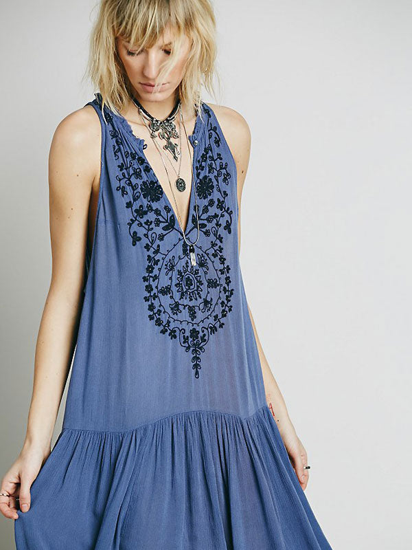 Dress Sleeveless V-neck Embroidered Gypsy Beach Vacation Teal Summer Long Tank Dress for