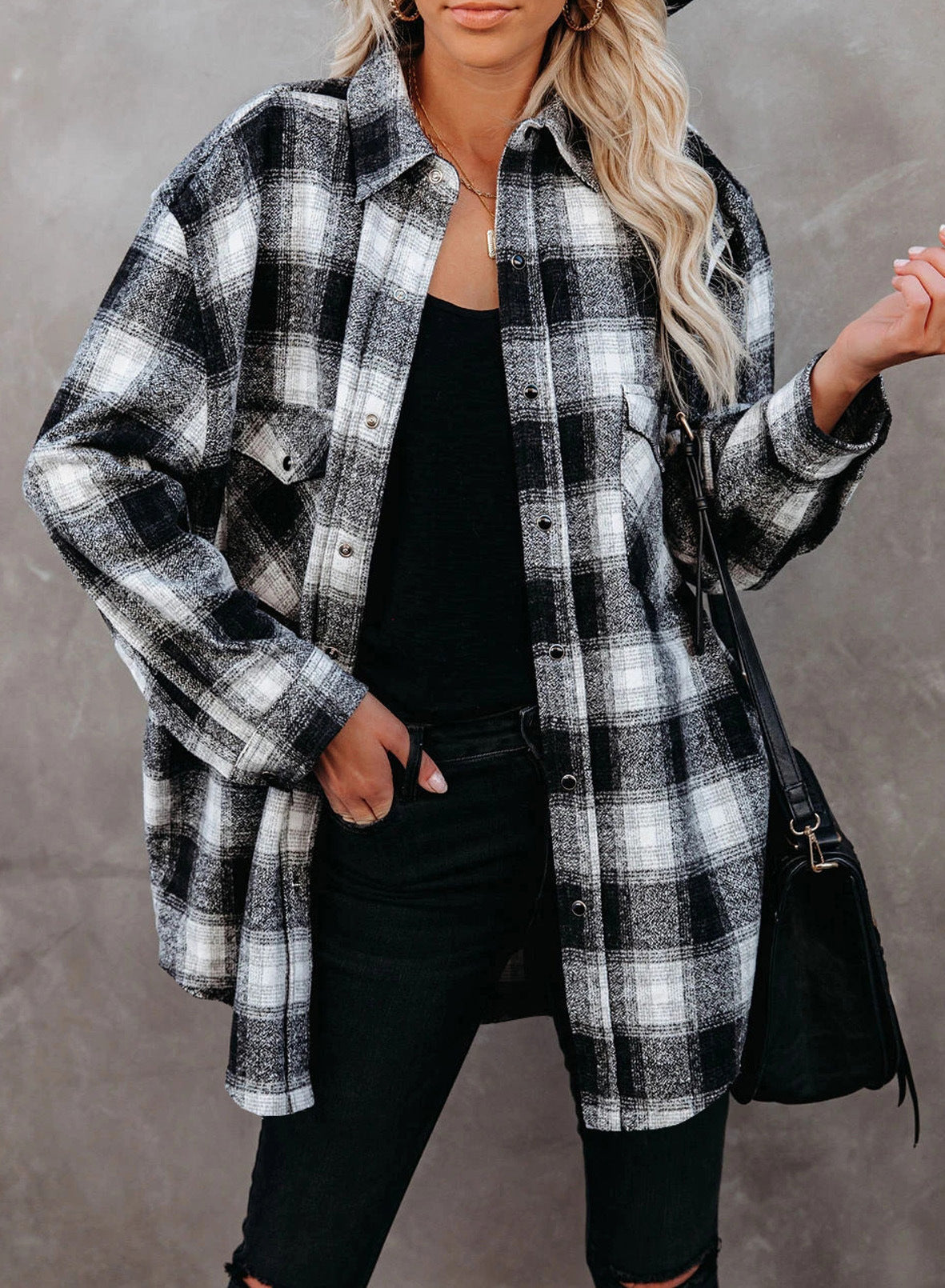 Clothing Autumn Winter Plaid Shirt Mid-length Loose Lapels Cardigan Shirt