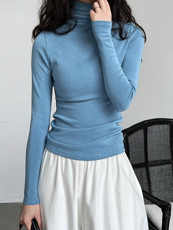 Long Sleeves Skinny Color Split-joint High Neck T-shirts