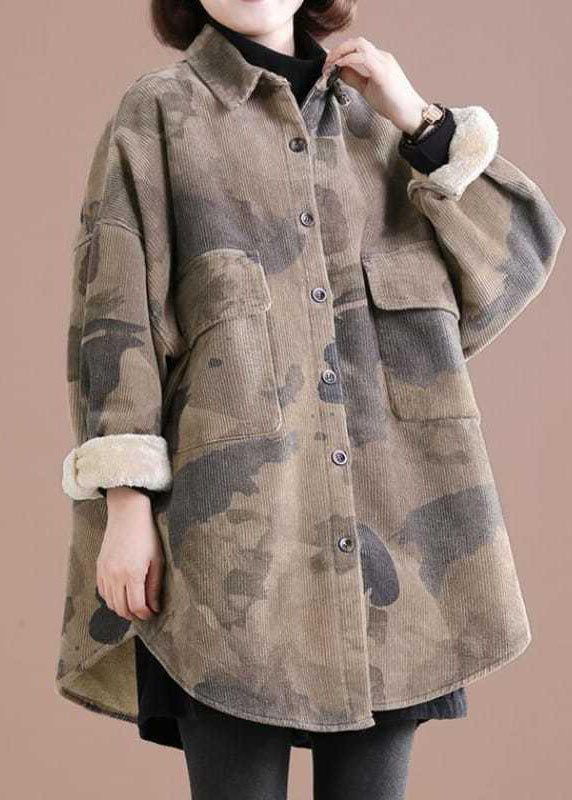 Grey Peter Pan Collar Print Corduroy Winter Coat