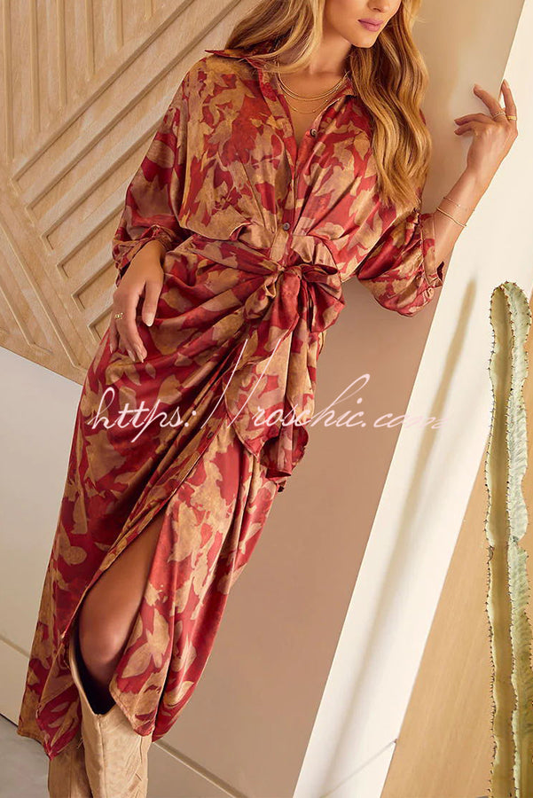 And Charming Satin Adjustable Waist Tie Button Draped Shirt Midi Dress