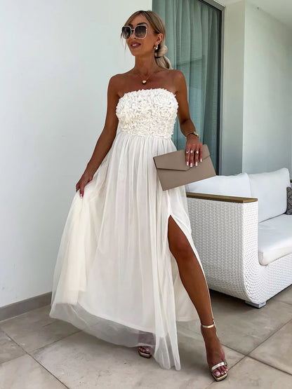 A-line Dress Ruffles Tulle High Slit Off the Shoulder Backless Party Maxi Dresses
