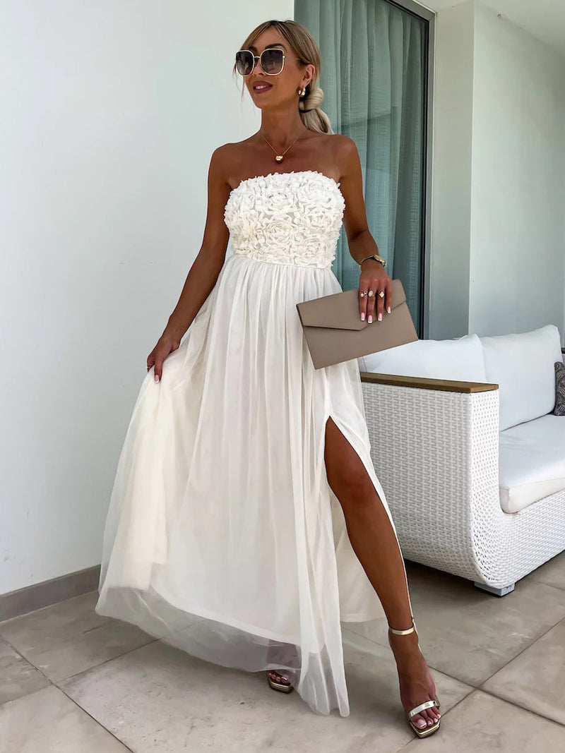 A-line Dress Ruffles Tulle High Slit Off the Shoulder Backless Party Maxi Dresses