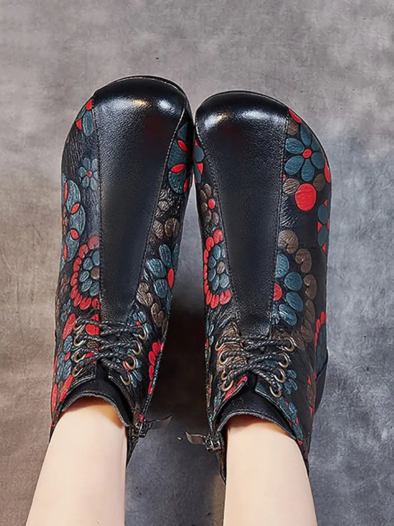 Retro Leather Flower Print Chunky Heel Boots