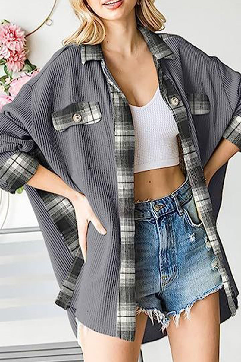 Color Block Pocket Contrast Turndown Collar Tops