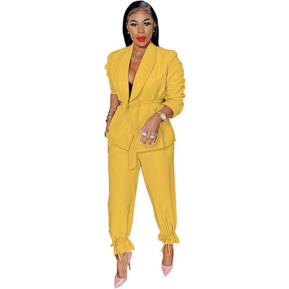 Spring Autumn Color Lace-up Long Sleeve Small Blazer Jogger Pants Suit