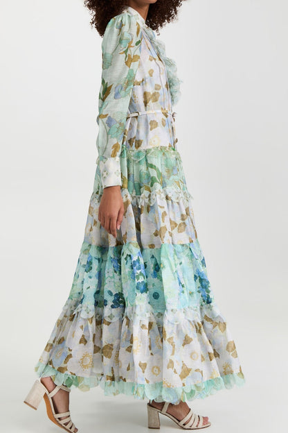 Printed Long Puff Sleeve Turtleneck Tiered Ruffle Hem Midi Dress