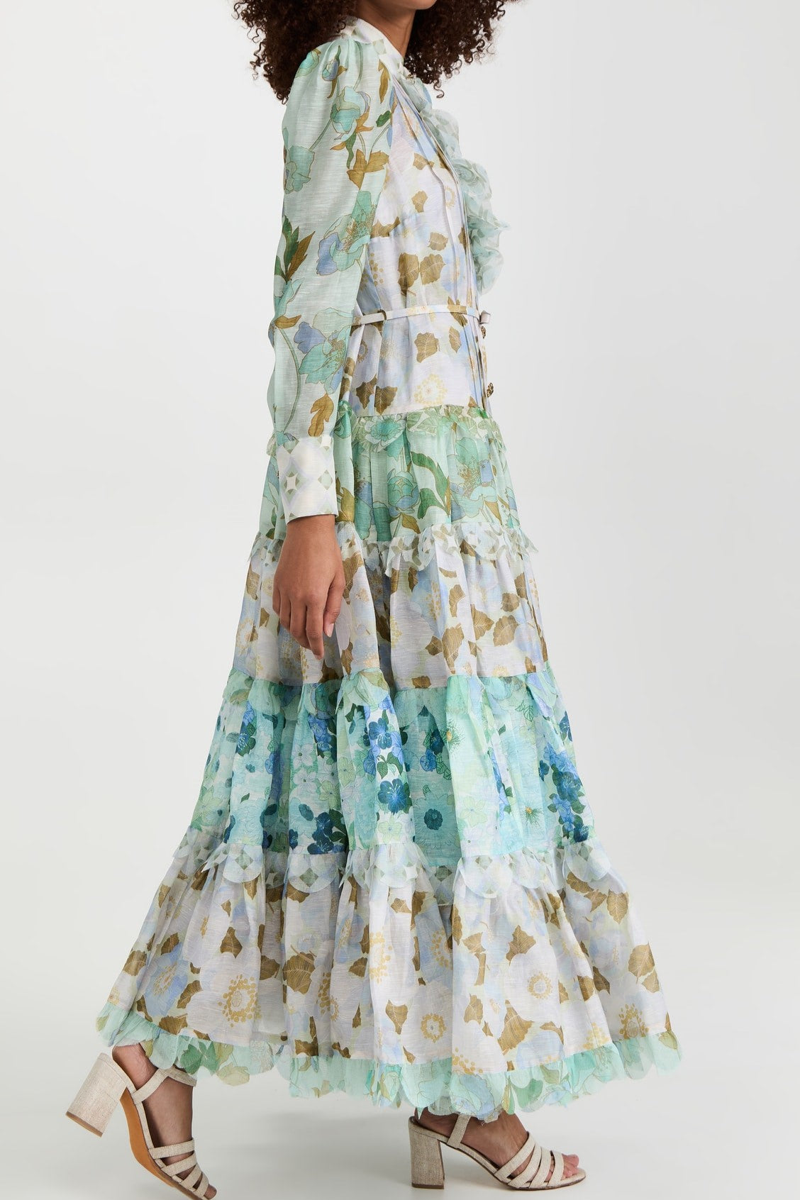 Printed Long Puff Sleeve Turtleneck Tiered Ruffle Hem Midi Dress