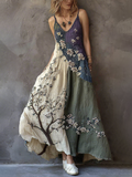 Classy Gradient Japanese Sakura Cherry Blossoms Embroidered Pattern Linen Suspender Long Dress artswardrobe