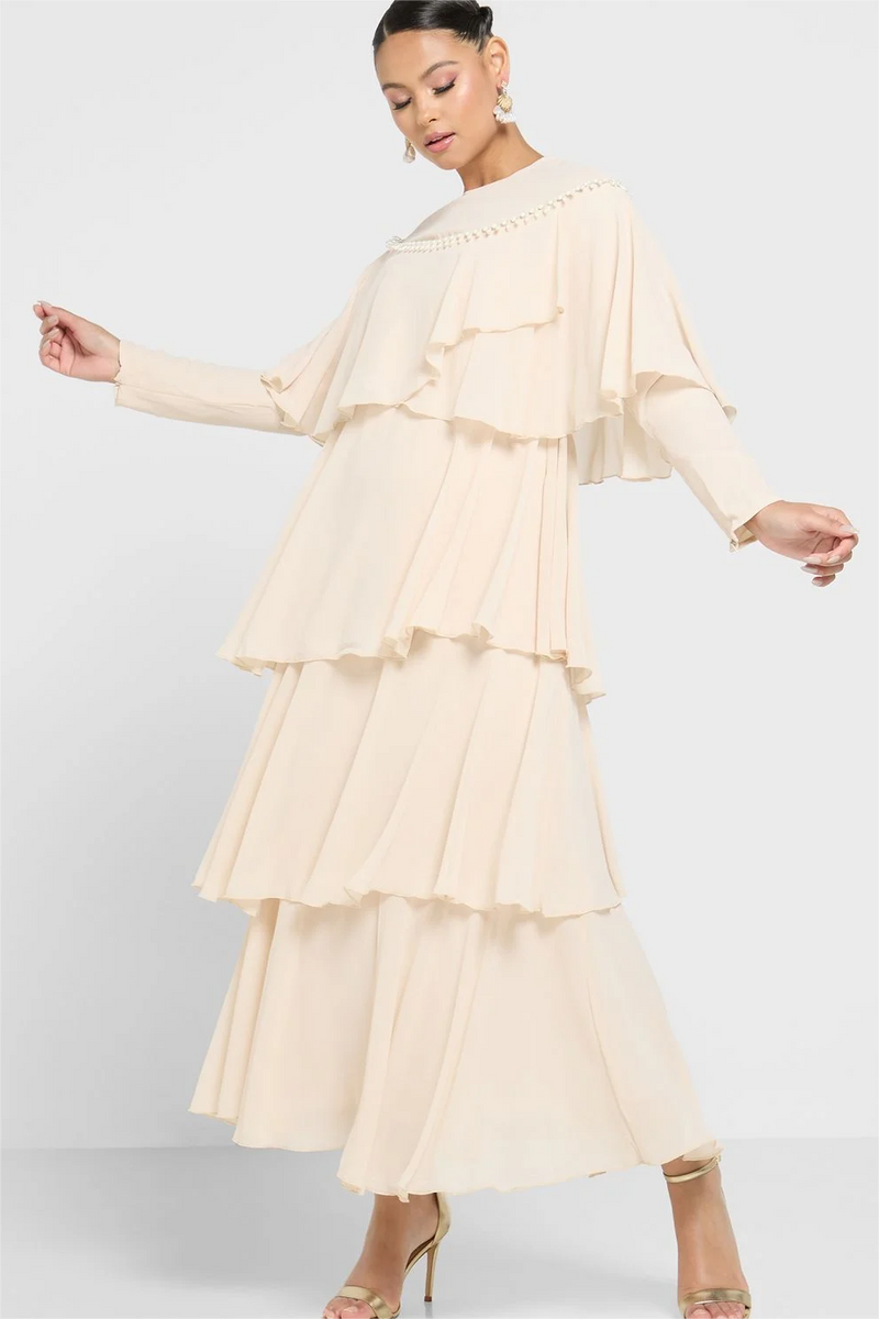 Long Sleeve Crew Collar Layered Maxi Dress White