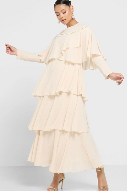 Long Sleeve Crew Collar Layered Maxi Dress White