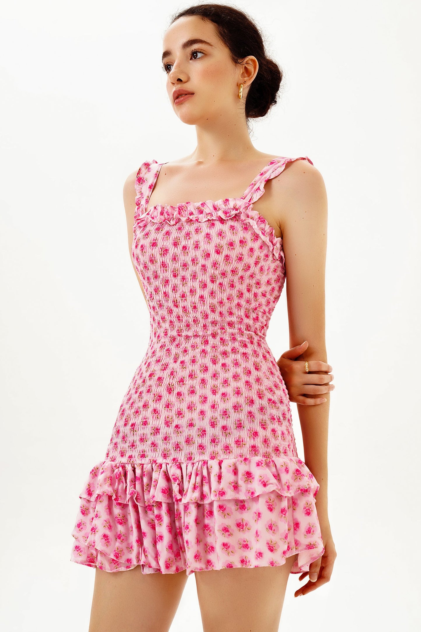 Smocked Elastic Peplum Ruffle Hem Cami Mini Dress