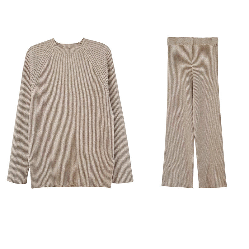 Autumn Winter Fashionable Side Slit Sweater Suit Thickened Knitting Wide Leg Pants Set Female