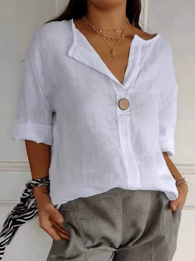 Women's Solid Color V-Neck Button Design Casual Cotton And Linen Shirt