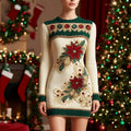Women's Christmas Flower Pattern Knit Mini Dress artswardrobe