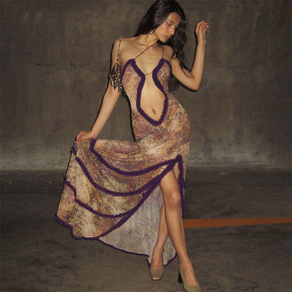 Noble Furry Halter Sleeveless Hollow Dress Camisole Shrunk Split Wave Cut Dress Prom Occasion Evening Gown