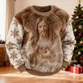 Comstylish Men's Retro Jesus Snowflake Pattern Crew Neck Flannel Sweatshirt