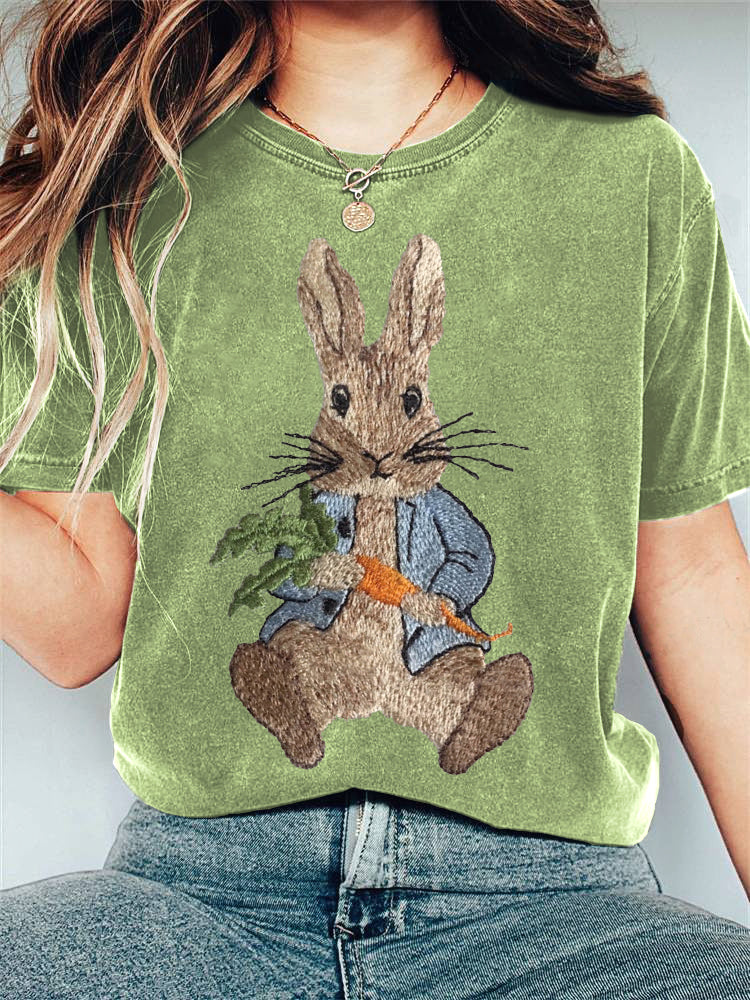 Cute Bunny Embroidery Pattern Casual T-Shirt artswardrobe