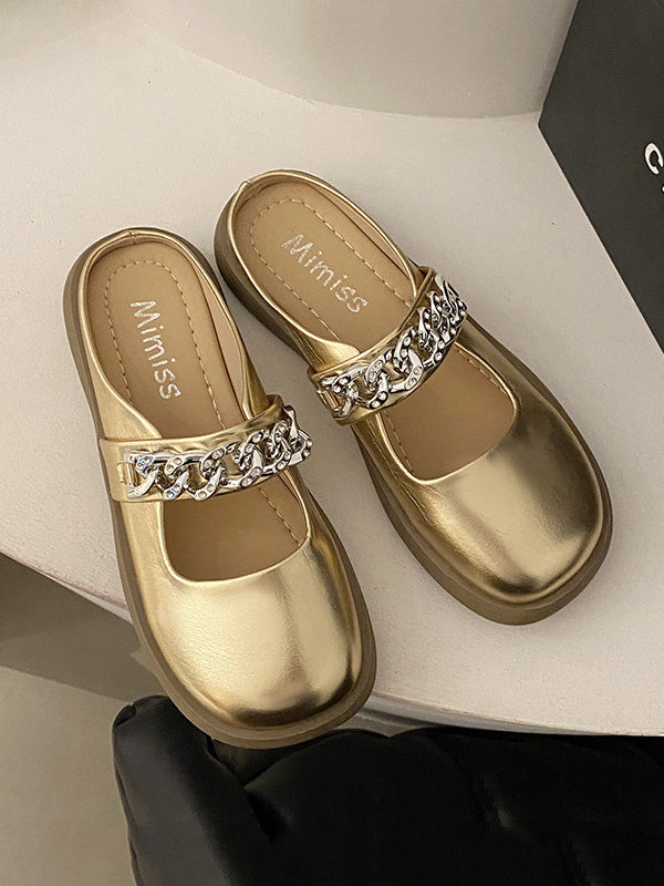 Chains Round-toe Shallow Cut Split-joint Mary Janes Slippers