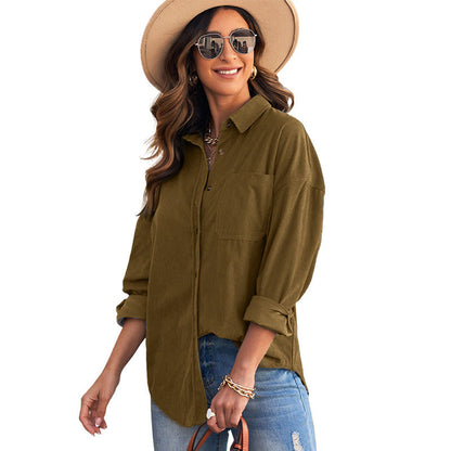 Color ’s Autumn Winter Corduroy Cardigan Shirt With Breasted Collar and Pocket