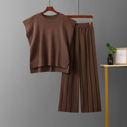 Summer Color Sleeveless Vest Sweater Wide Leg Pants Ice Silk Set – Outfit for Hot Days
