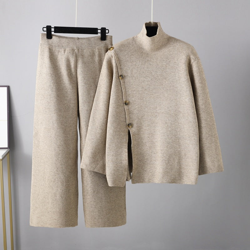 Stand Collar Slit Knitted Turtleneck Sweater Winter Warm Anti-aging Wide Leg Pants Set