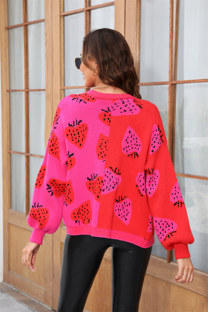 Autumn Winter ’s V-neck Strawberry Cardigan With Buttoned Coat
