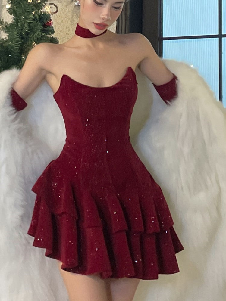 Y2k Velvet Mini Dress Strapless With Choker Bodycon Layered Ruffles A-line Birthday Evening Party Prom Robe Vestidos