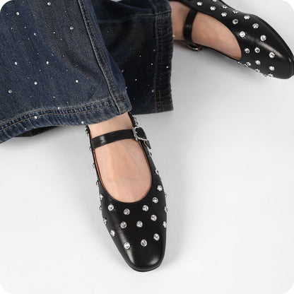 Studded Rhinestones Mary Jane One-line Buckle Ballet Flats