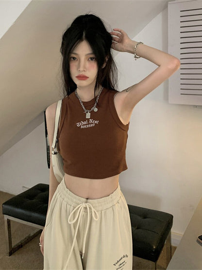 Summer Ribbed Top Letter Vest Female Y2k Crop Top Sleeveless T-shirt Short Sport Tops Korean Tank Top