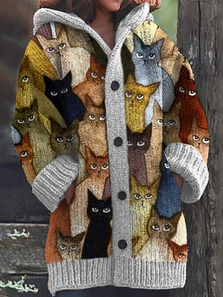 Colorful Cats Pattern Cozy Hooded Cardigan artswardrobe