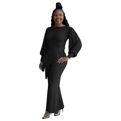 Urban Color Loose Lantern Sleeve Wide Leg Pants Set – Street Style Outfit