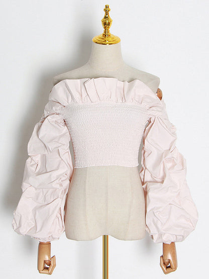 Long Sleeves Loose Elasticity Ruffle Trim Color Split-joint Off-the-shoulder Blouses&shirts Tops