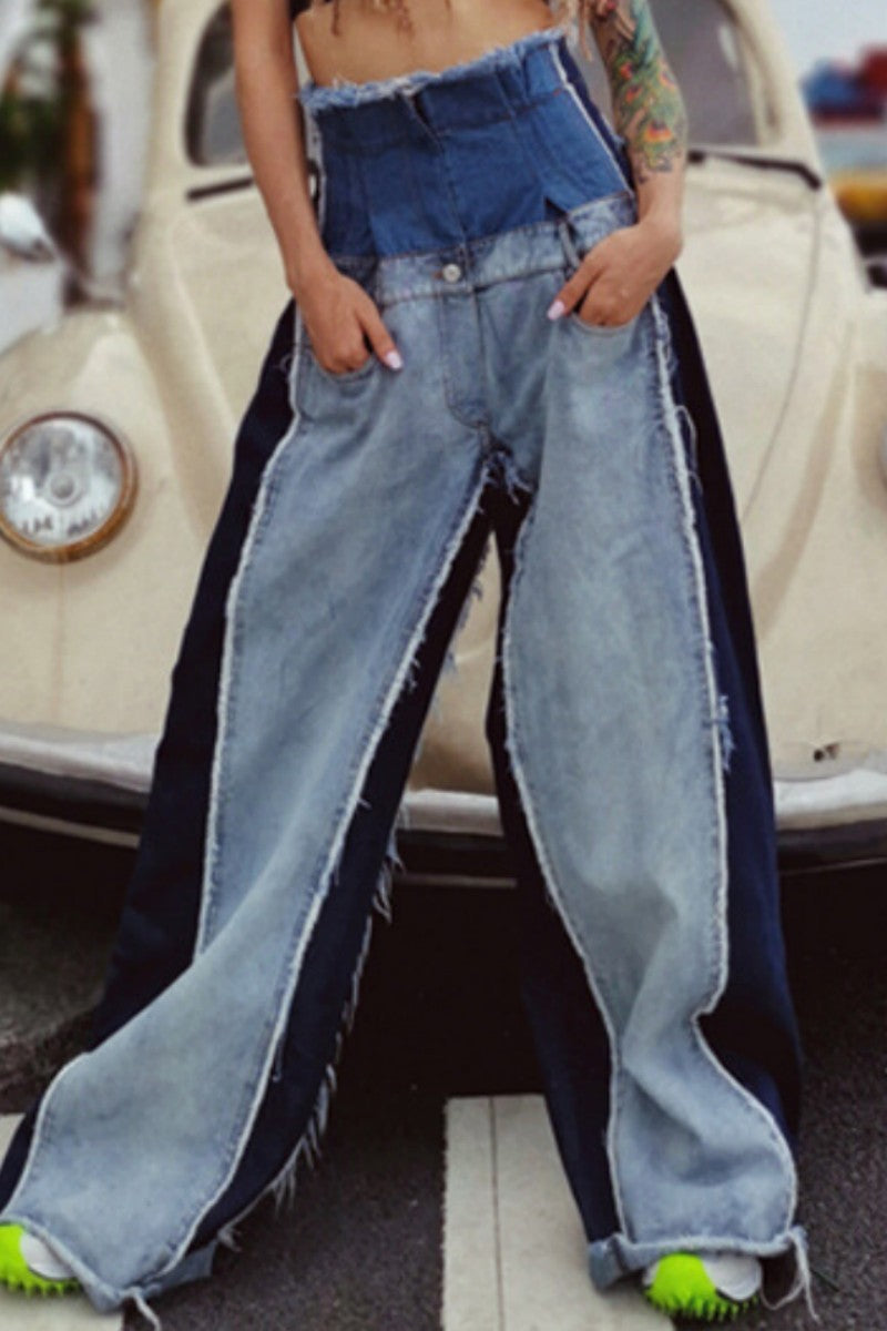 Patchwork Contrast High Waist Denim Jeans