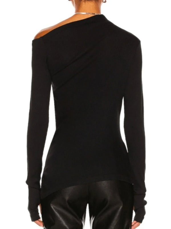 Stylish Color One-shoulder Long Sleeves T-shirt Top
