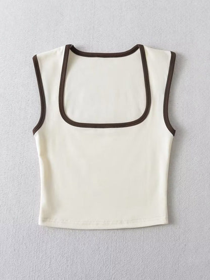 Woman Slim Contrust Camis Sleeveless Tanks Square Collar Crop Tops Clothing Mujer Y2k
