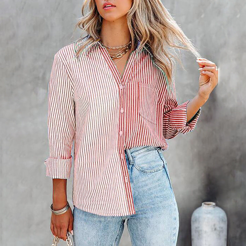 Autumn Winter New Striped Printing Color Contrast Long Sleeved Cardigan Single Breasted Shirt