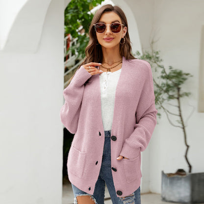 Autumn Winter Loose Color Knitted Cardigan Outer Wear V Neck Sweater Cardigan Coat