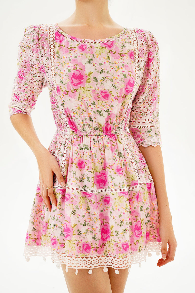 Puff Sleeve Lace Trim Ruffle Mini Dress